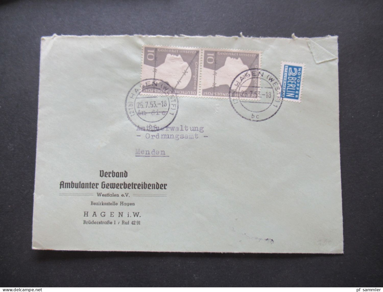 BRD 1953 Deutsche Kriegsgefangene Mi.Nr.165 Belegeposten mit 18 Stück EF / MeF interessanter Stöberposten!