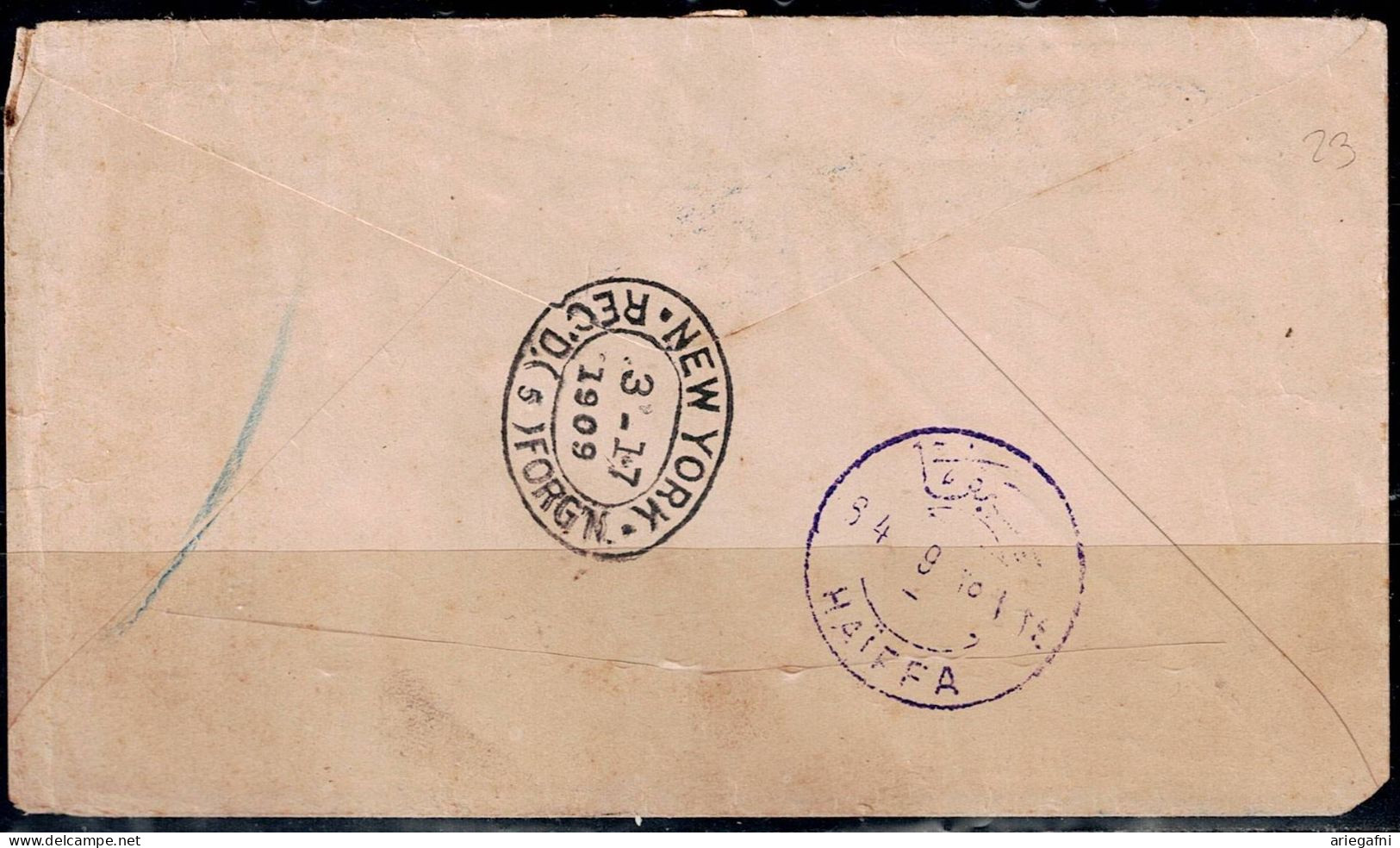 UNITED STATES 1909 REGISTERED COVER SENT IN 17/3/1909 FROM NEW YORK TO HAIFA PALESTINA VF!! - Covers & Documents