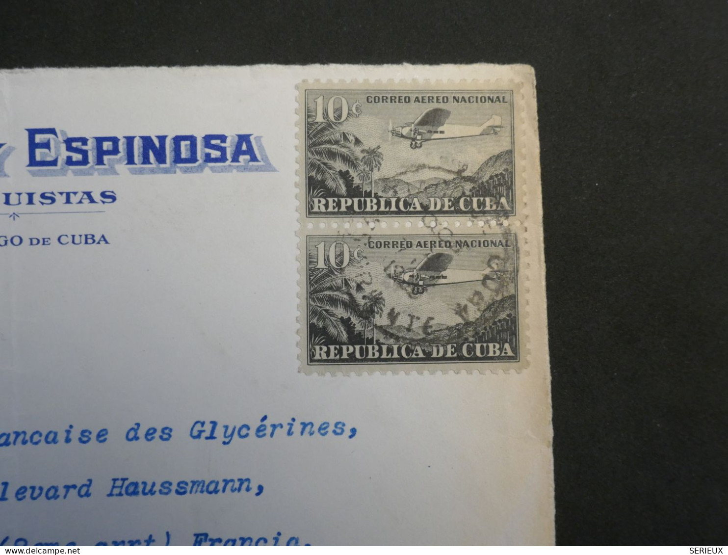 DR3 CUBA   LETTRE DEVANT   1932 PAR AVION SANTIAGO  A  PARIS FRANCIA   + PAIRE DE TP     +AFF.  INTERESSANT++++ - Storia Postale