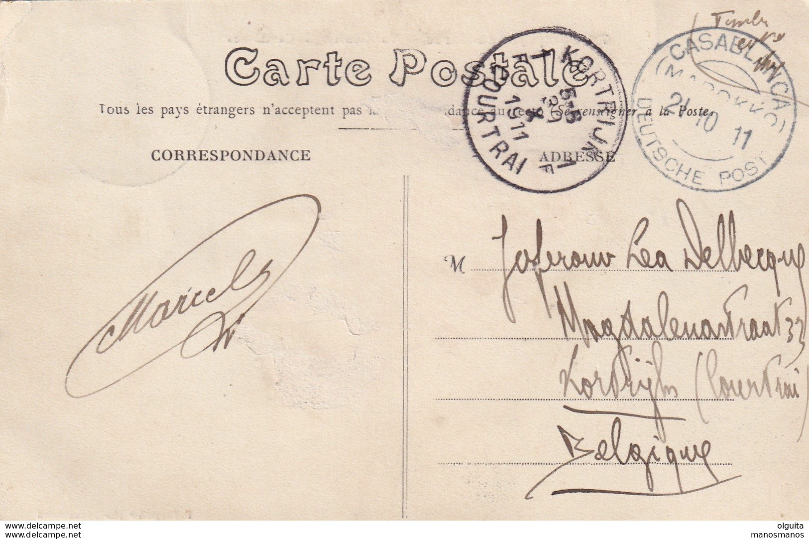 DDX 514 - MAROC - Carte-Vue TP Germania CASABLANCA Deutsche Post (bleuté) 1911 Vers KORTRIJK Belgique - Marokko (kantoren)
