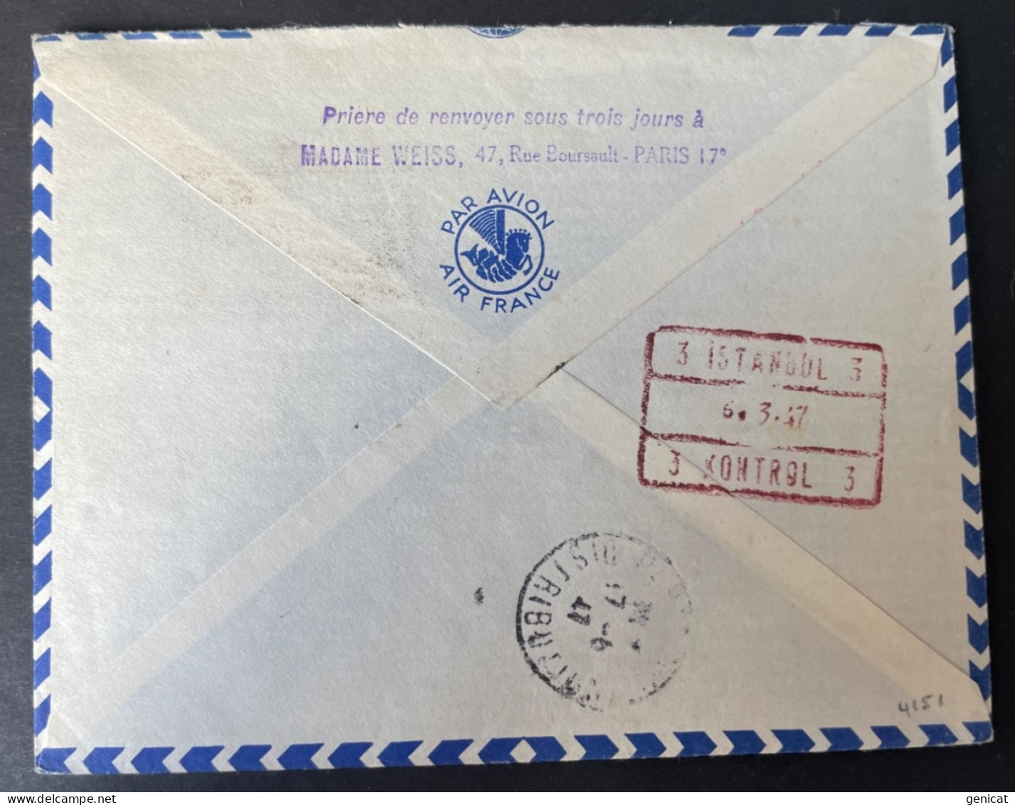 Lettre Voyage D'Etude Air France En Recommandé Pour Istamboul Turquie 1947 - 1927-1959 Covers & Documents