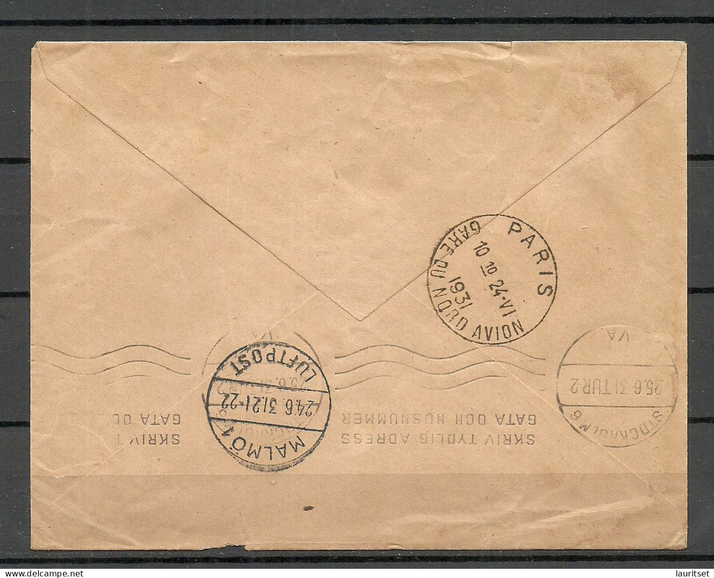 FRANCE Frankreich 1931 Air Mail Cover To Sweden Par Avion - 1927-1959 Storia Postale