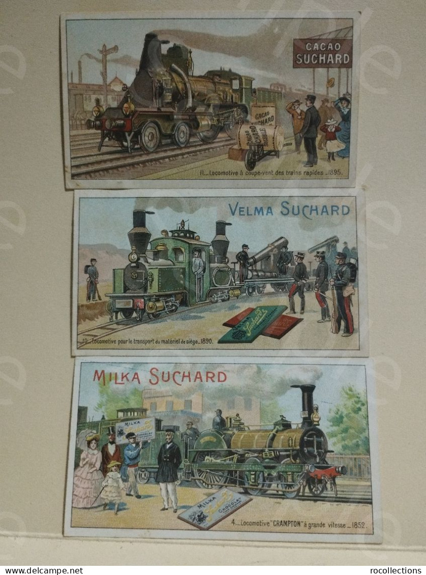 France 7x Chromo Chocolat Cacao Velma Suchard Trains Locomotives Voiture A Vapeur Bicyclettes - Suchard