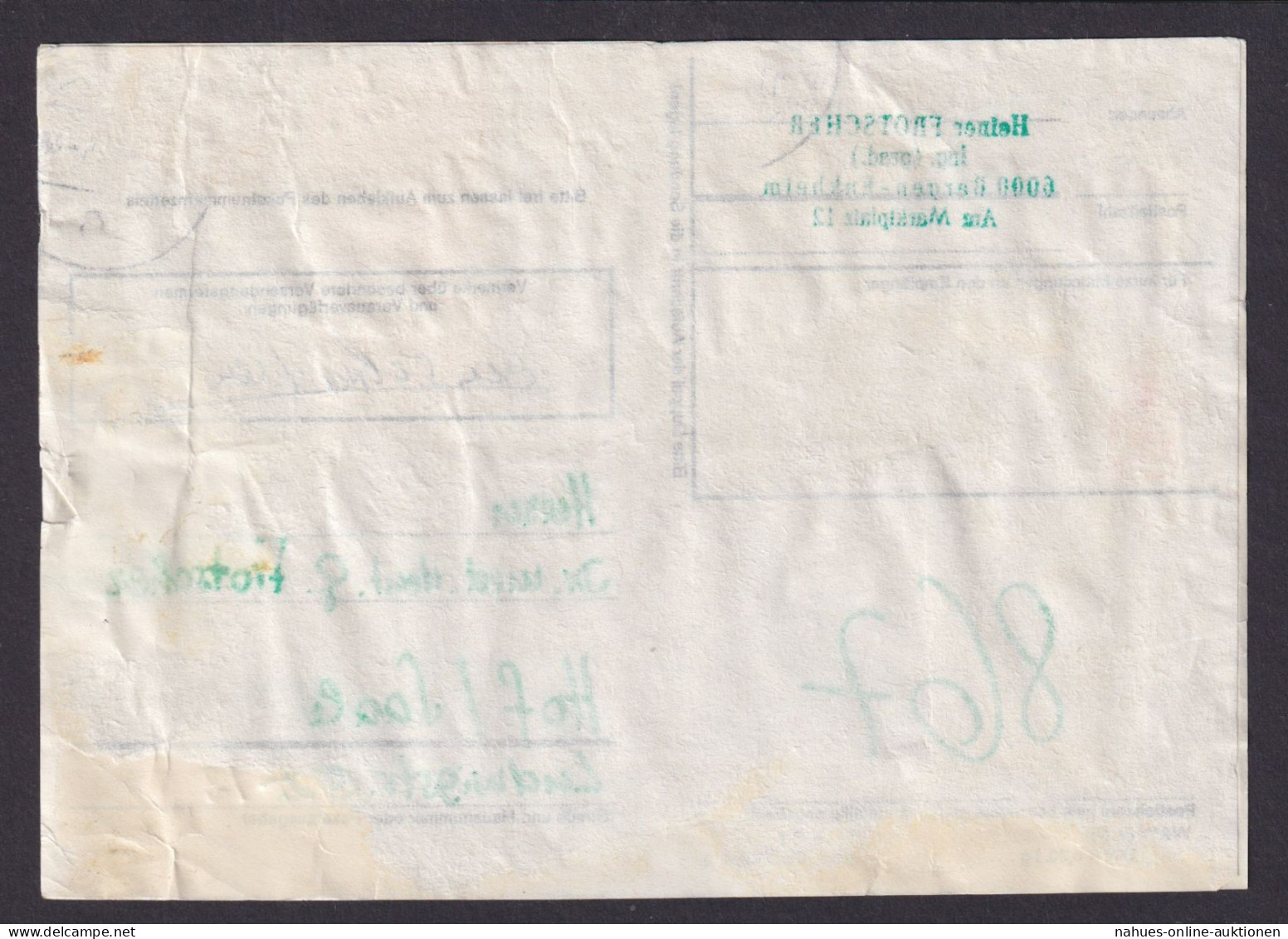 Berlin EF 160 Pfg. 396 Heinemann Paketkarte Hof N. Bergen Enkheim - Cartas & Documentos