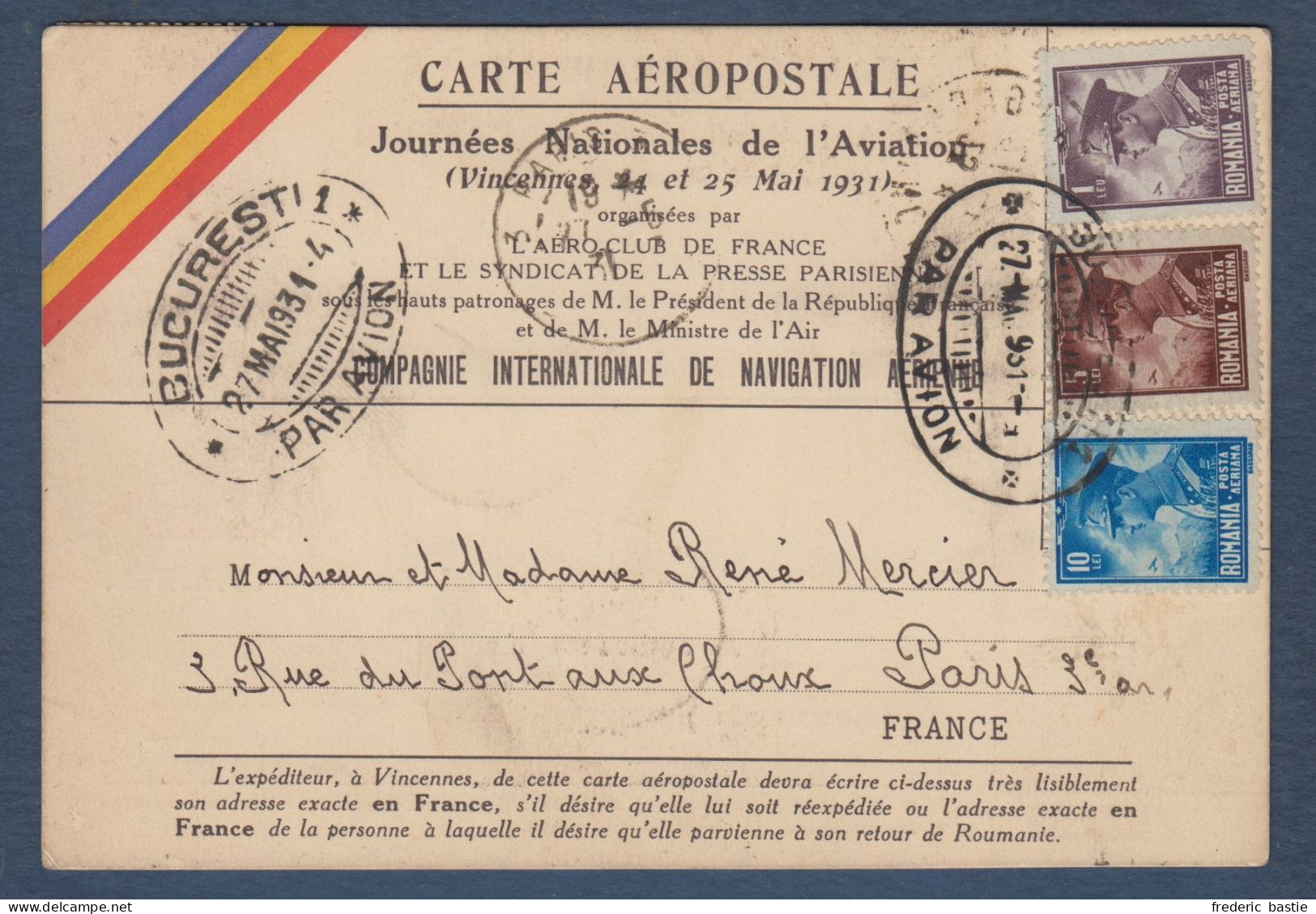 Carte Aéropostale - France Roumanie  1931 - 1927-1959 Lettres & Documents