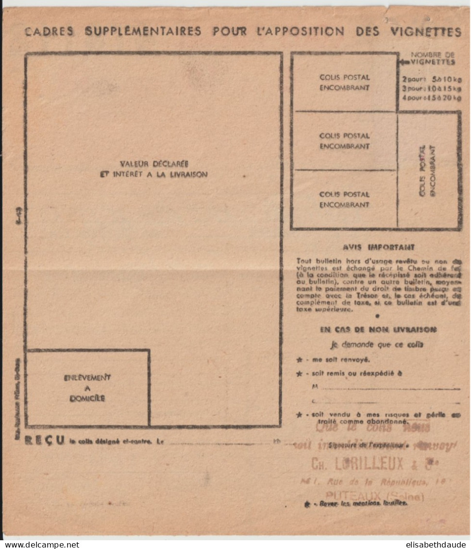 1943 - COLIS-POSTAL - SNCF - BORDEREAU 5 A 10 KG De PUTEAUX => BORDEAUX - Brieven & Documenten