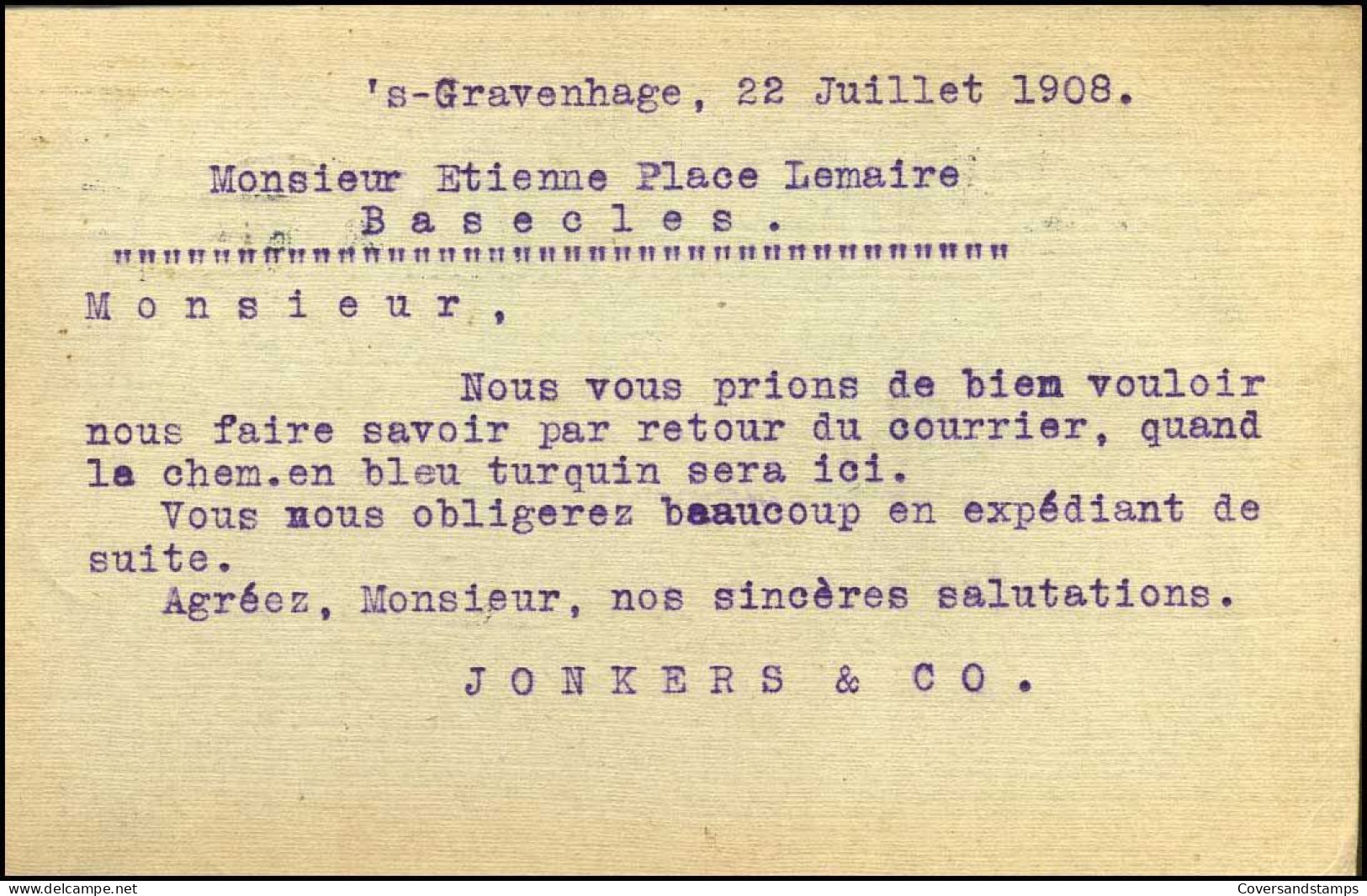 Briefkaart - "Jonkers & Co, Vertegenwoordigers Van Hardsteen, Zandsteen En Granietgroeven, Amsterdam" - Cartas & Documentos