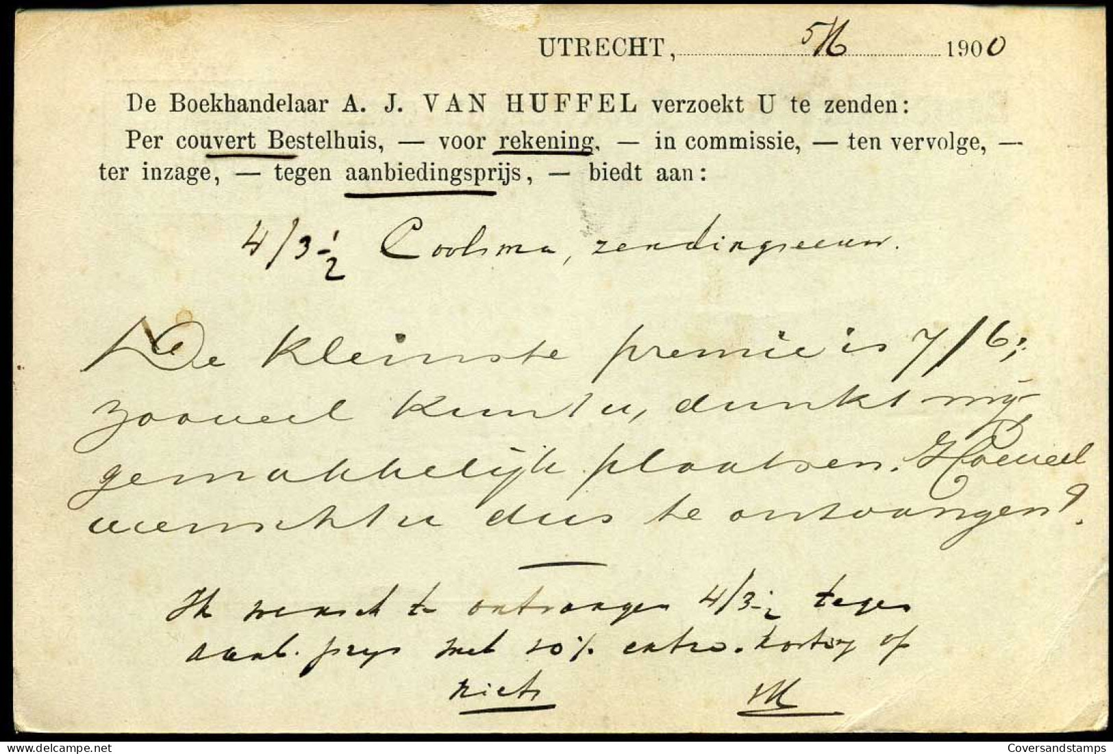 Bestelkaart Voor Boekwerken Enz. - "A.J. Van Huffel, Utrecht" - Brieven En Documenten