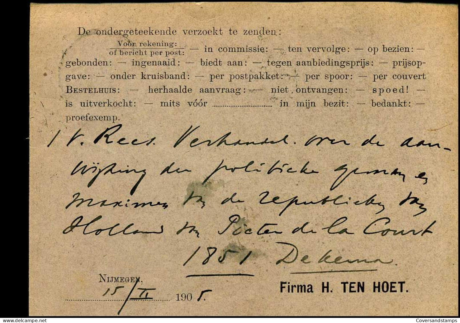 Bestelkaart Voor Boekwerken Enz. - "A.J. Van Huffel, Utrecht" - Lettres & Documents