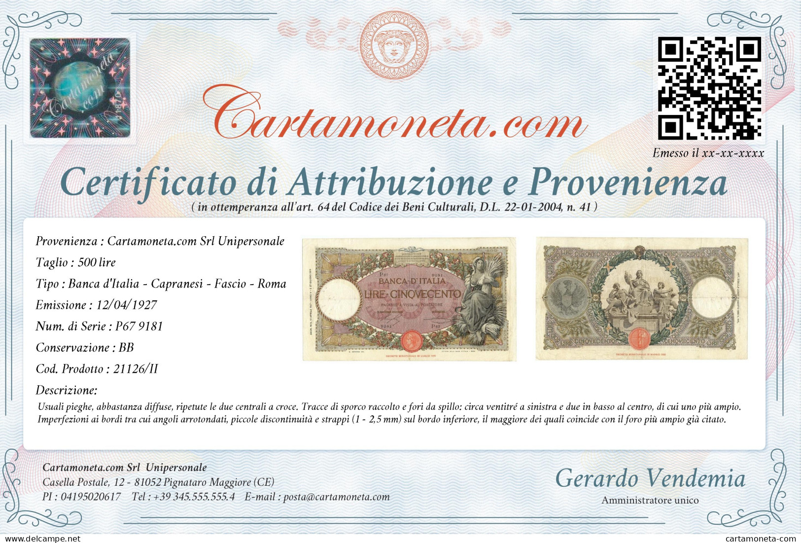 500 LIRE CAPRANESI MIETITRICE TESTINA FASCIO ROMA 12/04/1927 BB - Andere