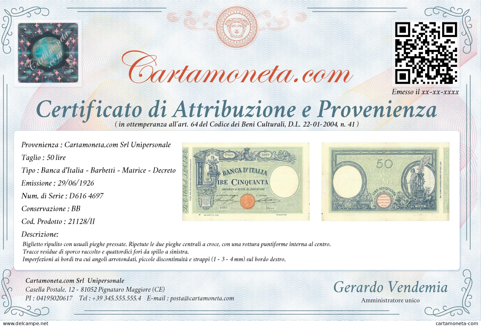 50 LIRE BARBETTI GRANDE L MATRICE LATERALE TESTINA DECRETO 29/06/1926 BB - Regno D'Italia - Altri