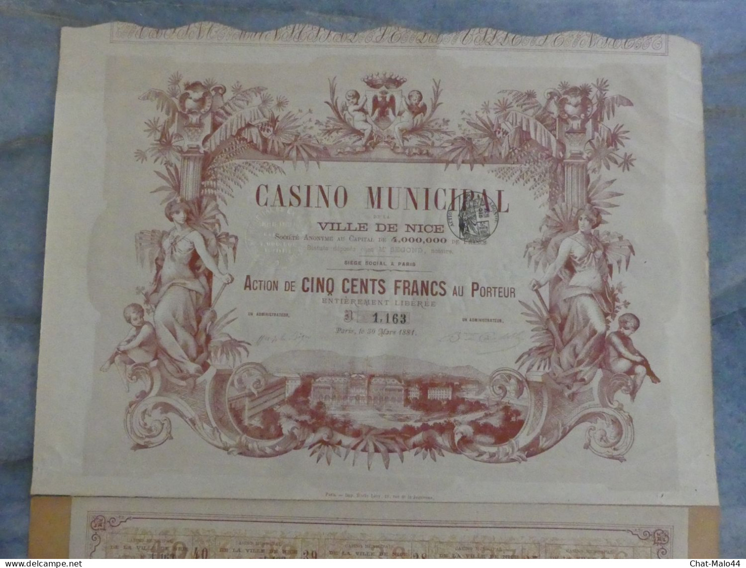 Action De Cinq Cents Francs Au Porteur Du Casino Municipal  De La Ville De Nice. Titre N°1,163 Daté Du 30 Mars 1881 - Casinos