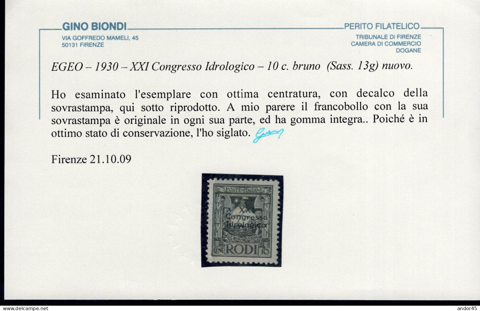 EGEO EMISSIONI GENERALI CONGRESSO IDROLOGICO C.10 CON DECALCO DELLA SOPRASTAMPA SASS 13g MNH** NUOVO CON GOMMA INTEGRA O - Aegean