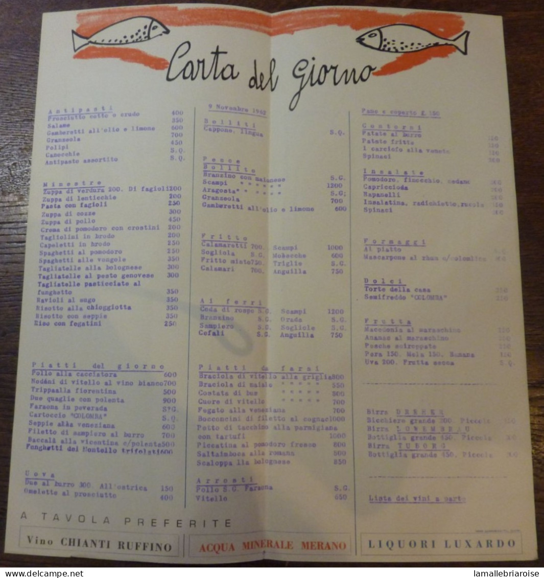 Italie, Menu, Trattoria Colomba, Venezia, 1962, Illustration: Gentilini, 348 X 164mm - Menus