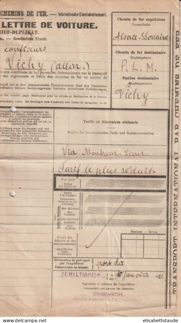 1927 - COLIS-POSTAUX ALSACE-LORRAINE - LETTRE De VOITURE (COMPLETE !) De SCHILTIGHEIM => VICHY - Covers & Documents