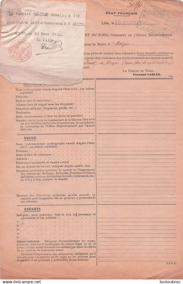 RECHERCHE FAMILLE DU SOLDAT WALCZAK CZESLAW MORT POUR LE FRANCE EN 01/1943 ECRIT A LA MAIRIE D'ANZIN ET RETOUR NEGATIF - 1939-45