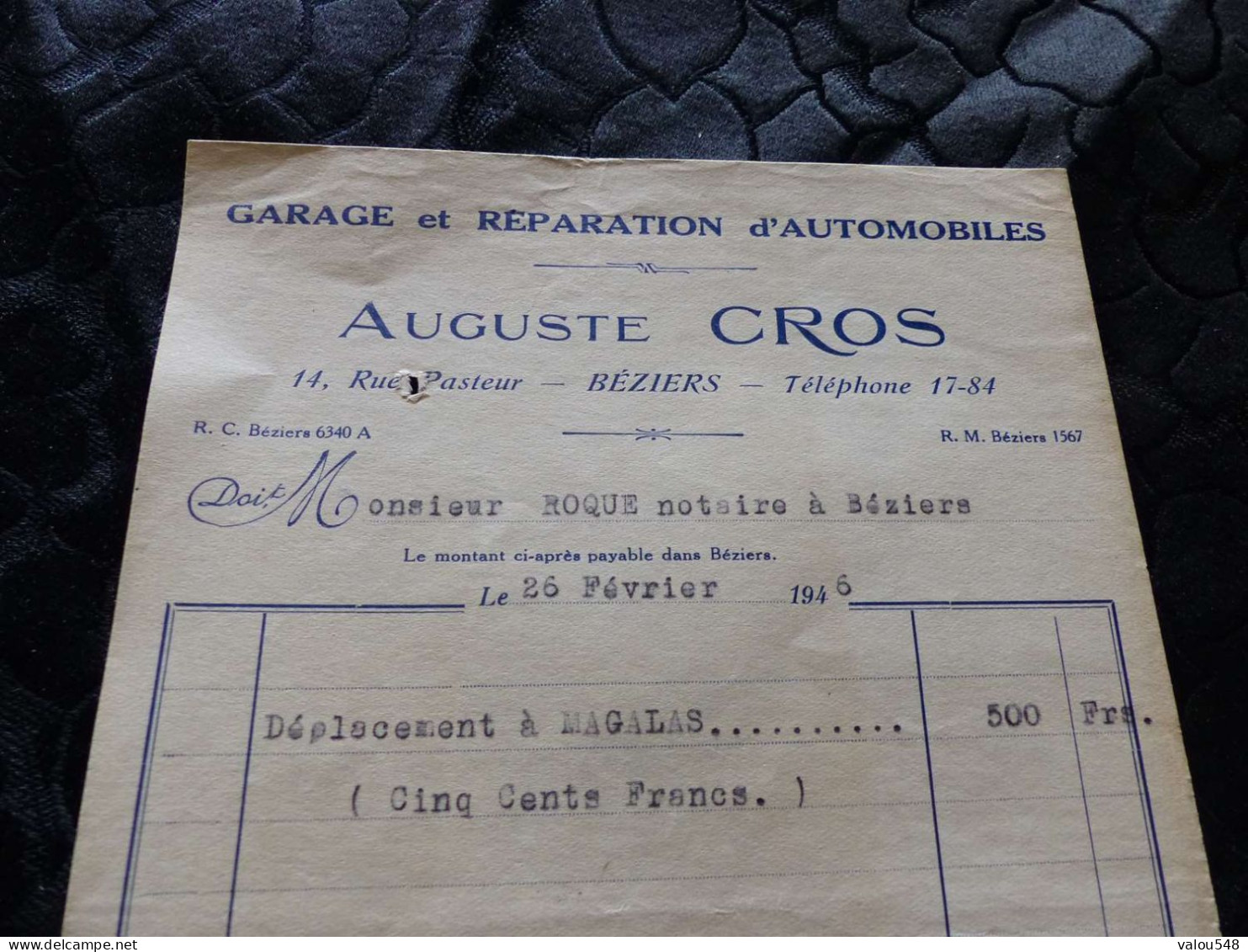 F-480 , Facture , Garage Et Réparation D'Automobiles , AUGUSTRE CROS, Rue Pasteur, Béziers, 1946 - Cars