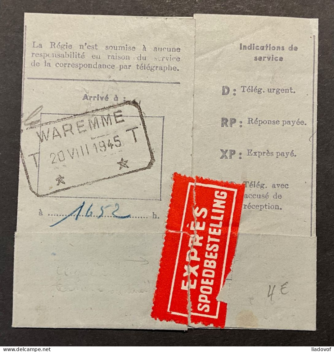 Télégramme / Telegram 20 VIII 1945 WAREMME - De La Téléphone - Copie Confirmative - Telegrammen