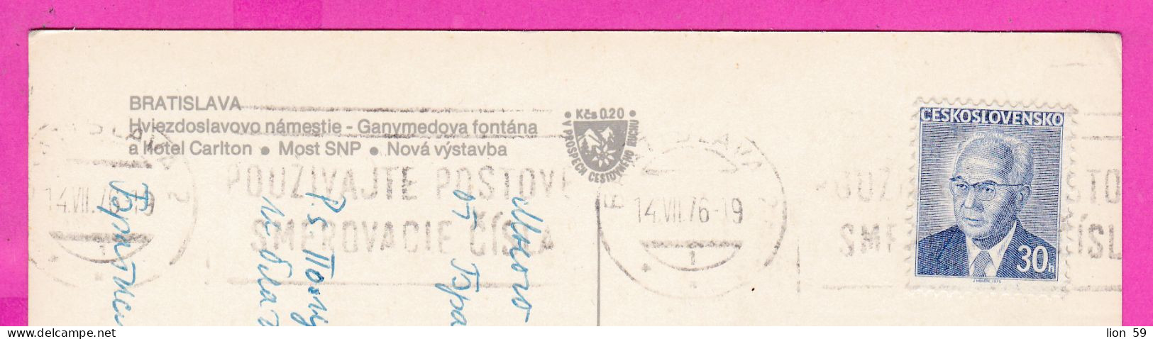 294655 / Slovakia BRATISLAVA - Building Bridge Tram PC 1976 USED 30h President Gustav Husak ,Flamme Czechoslovakia - Briefe U. Dokumente