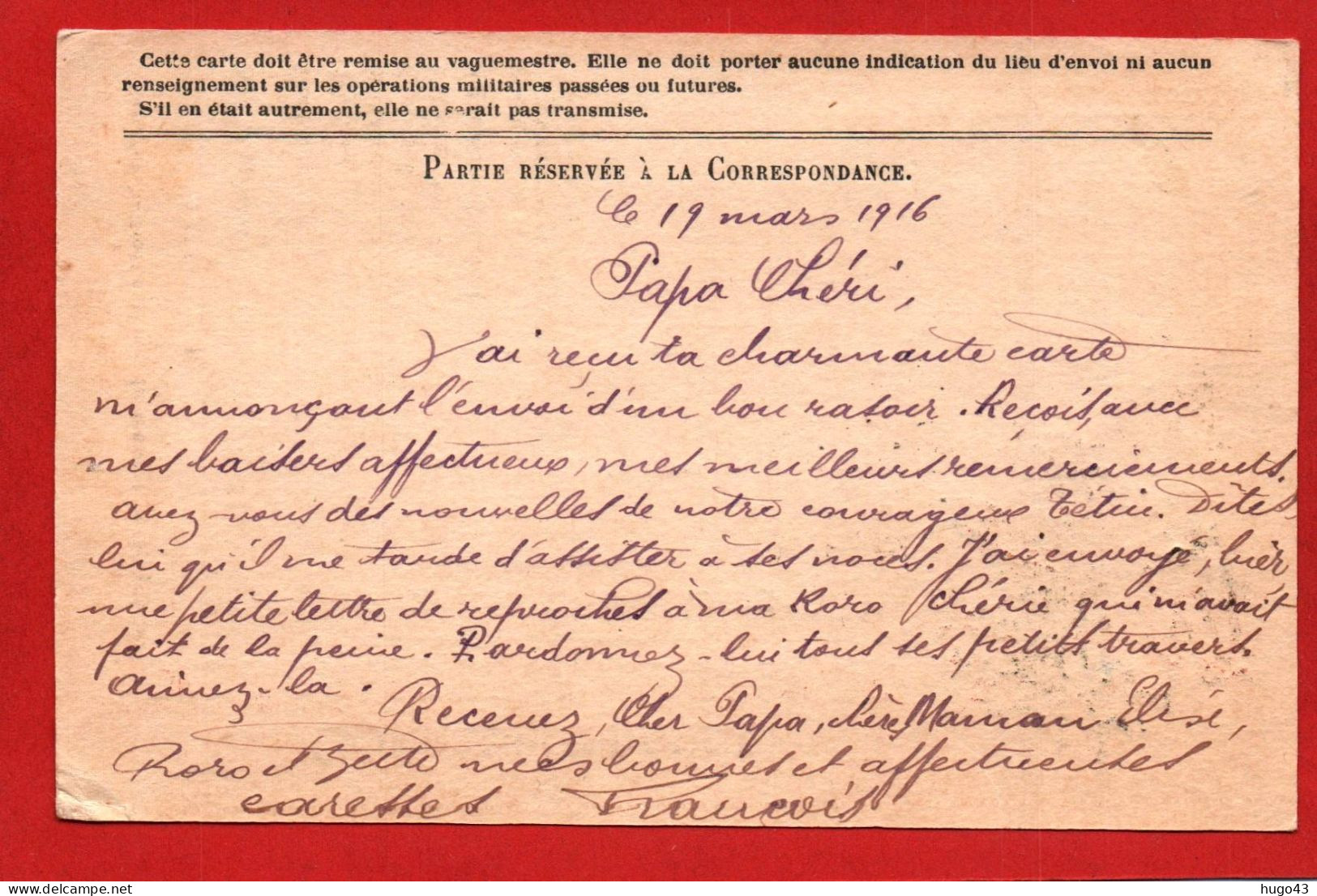 (RECTO / VERSO) CARTE CORRESPONDANCE DES ARMEES DE LA REPUBLIQUE En 1916 - CACHET TRESOR ET POSTES N° 7 - Brieven En Documenten
