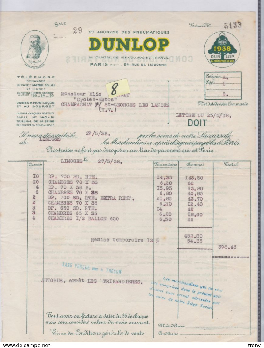 3 Factures Documents  Marque Dunlop Pneumatique  Année 1933 - & 1938 - Automobile