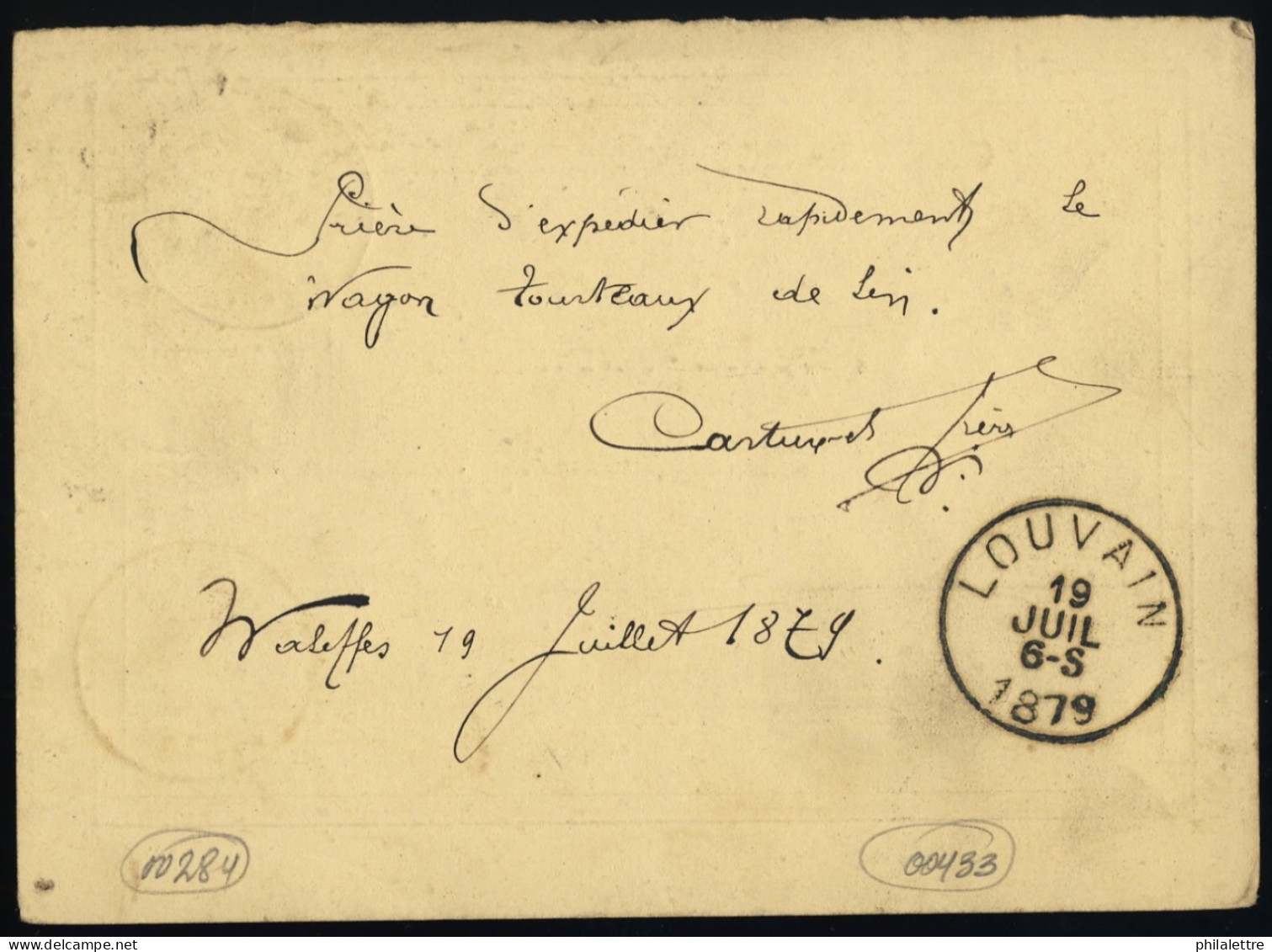 BELGIQUE - 1879 - CP (moitié Réponse - Antwoord) 5c Lion Couché De WAREMES à LOUVAIN - Antwoord-betaald Briefkaarten