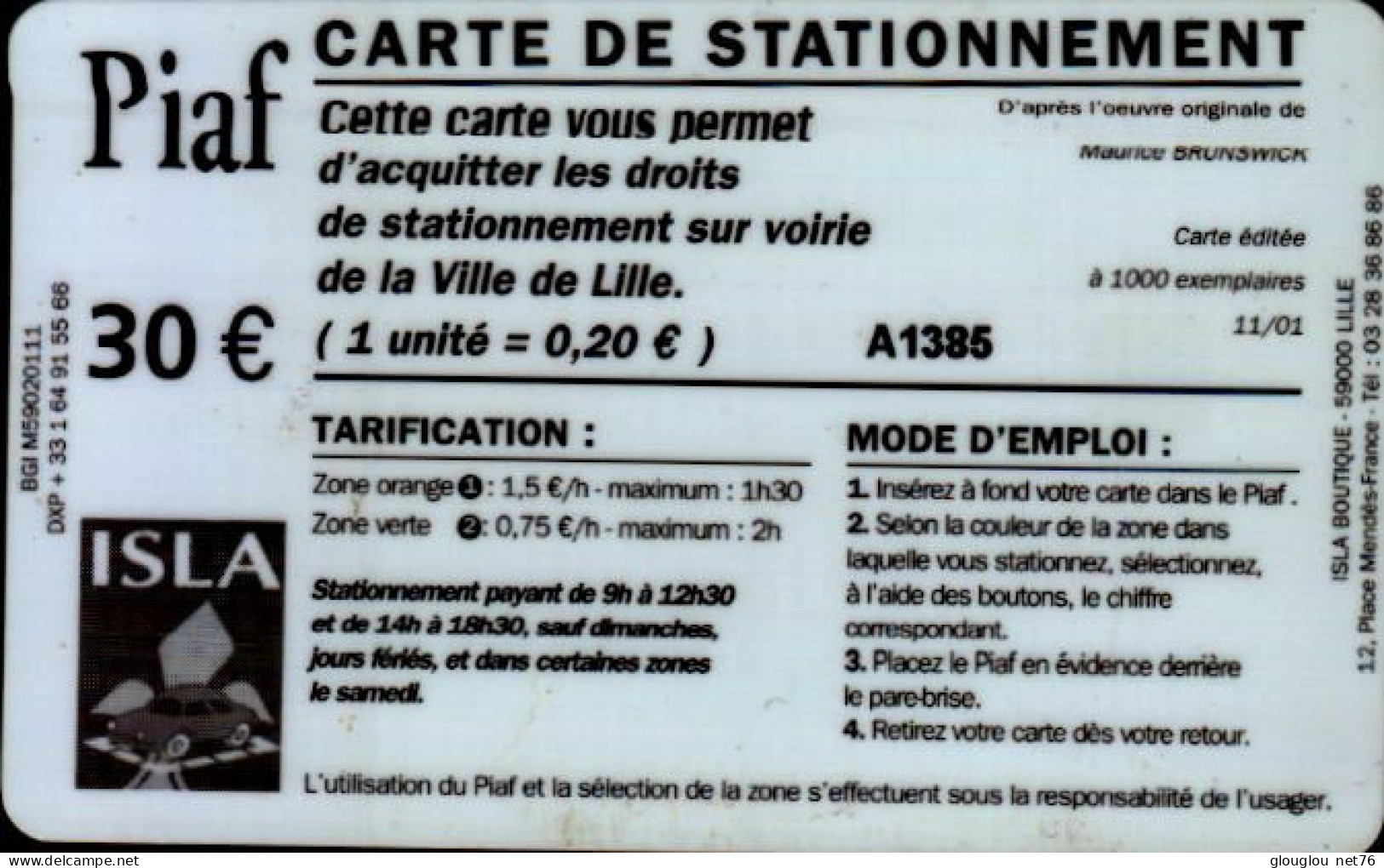 CARTE DE STATIONNEMENT PIAF..30e.. ISLA - PIAF Parking Cards