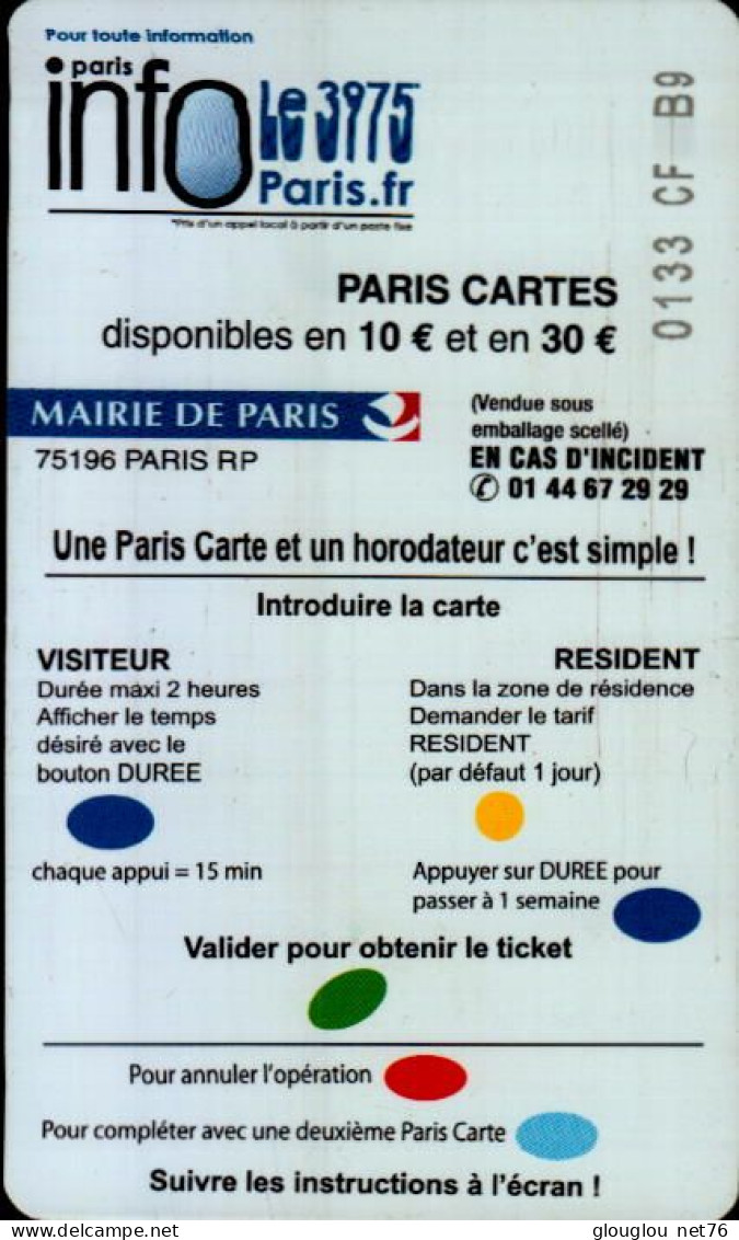 CARTE DE STATIONNEMENT ...10 EUROS...MAIRIE DE PARIS - Scontrini Di Parcheggio