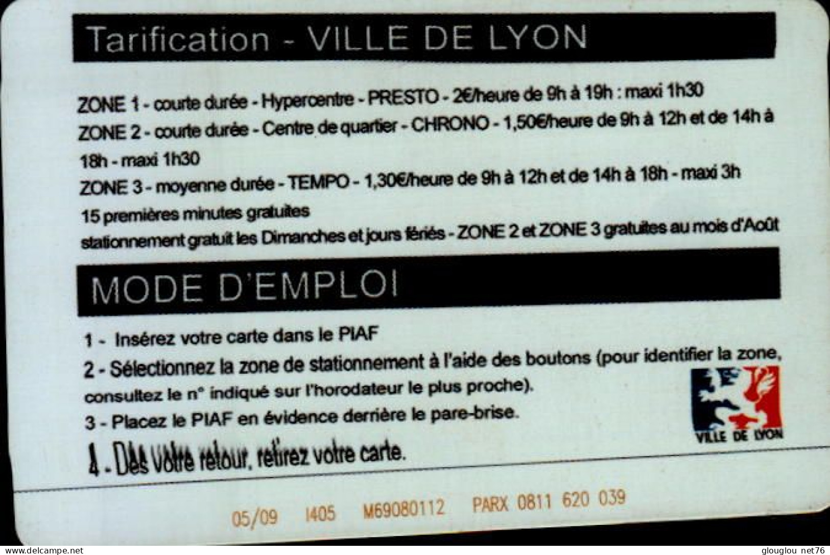 CARTE DE STATIONNEMENT ....PIAF....VILLE DE LYON - PIAF Parking Cards