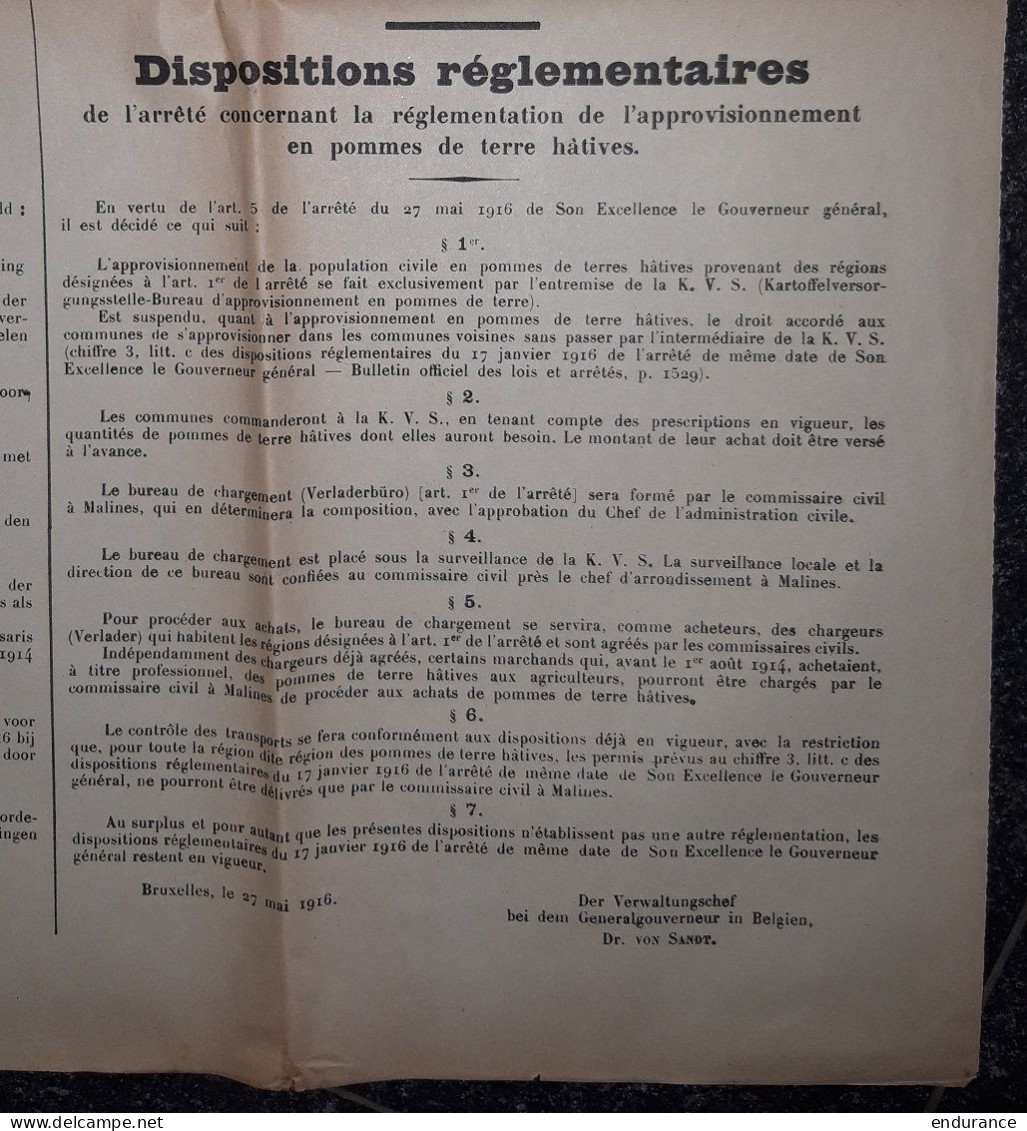 Arrêté De L'occupant Allemand Concernant La Réglementation De L'approvisionnement En Pommes De Terres Hâtives - Bruxelle - 1914-18