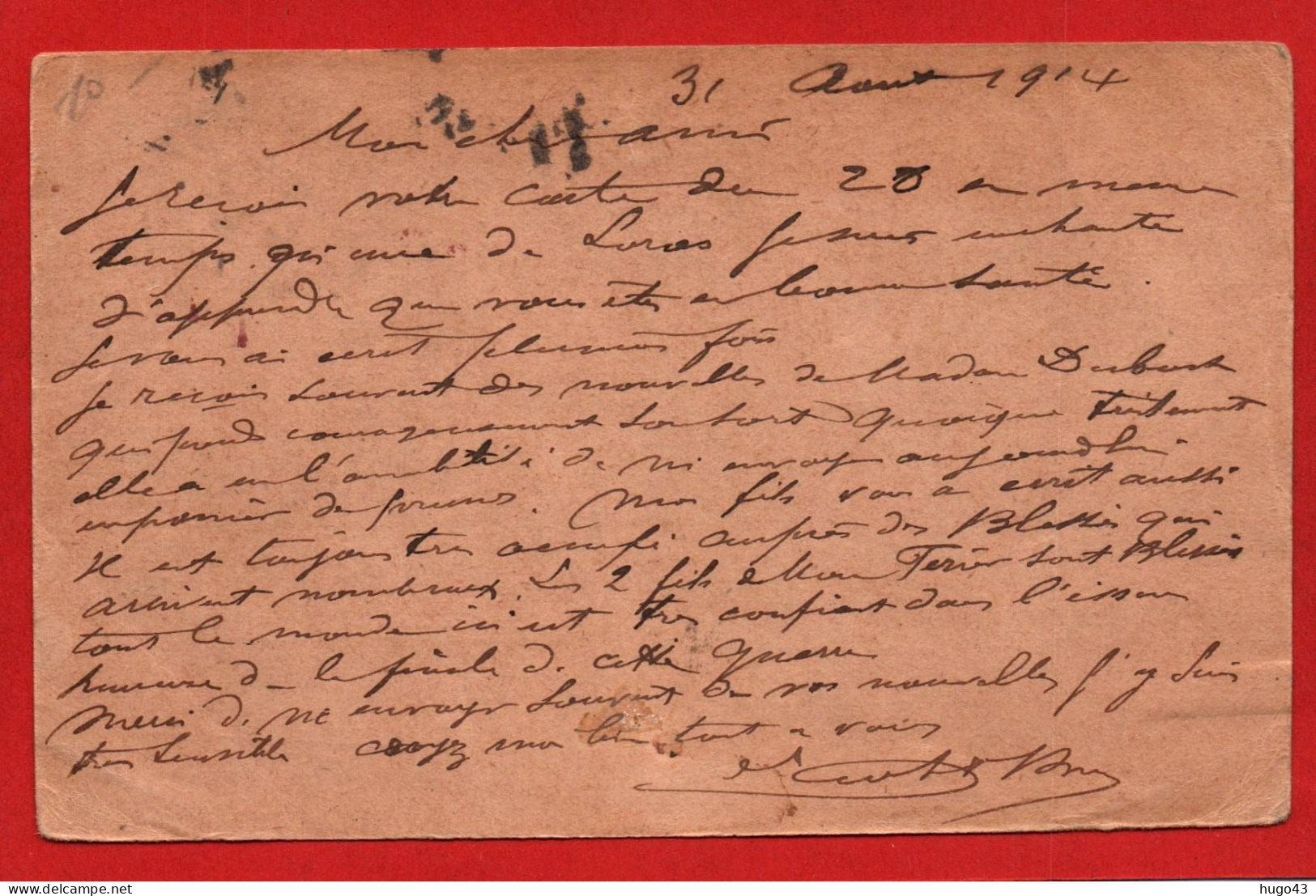 (RECTO / VERSO) CARTE CORRESPONDANCE MILITAIRES LE 31/08/1914 - CACHET LYON BROTTEAU - Brieven En Documenten