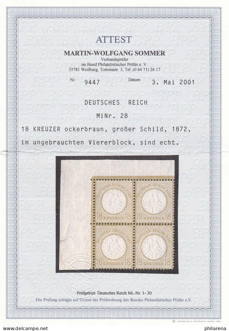 Deutsches Reich: MiNr. 28 (Viererblock), Postfrisch **, BPP Attest - Neufs