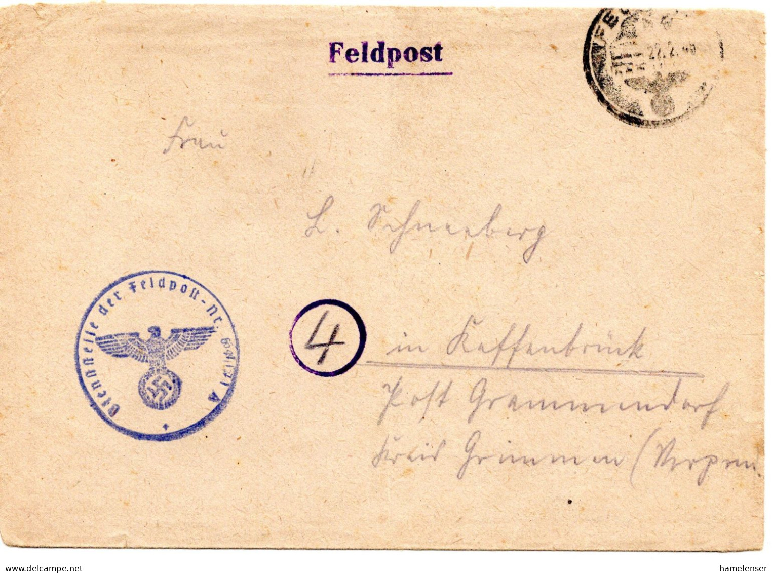65478 - Deutsches Reich - 1945 - FpBf (#64171A / 22.2.45) FELDPOST -> Keffenbrink, Rs Dt Feldpost-Zensur - Storia Postale