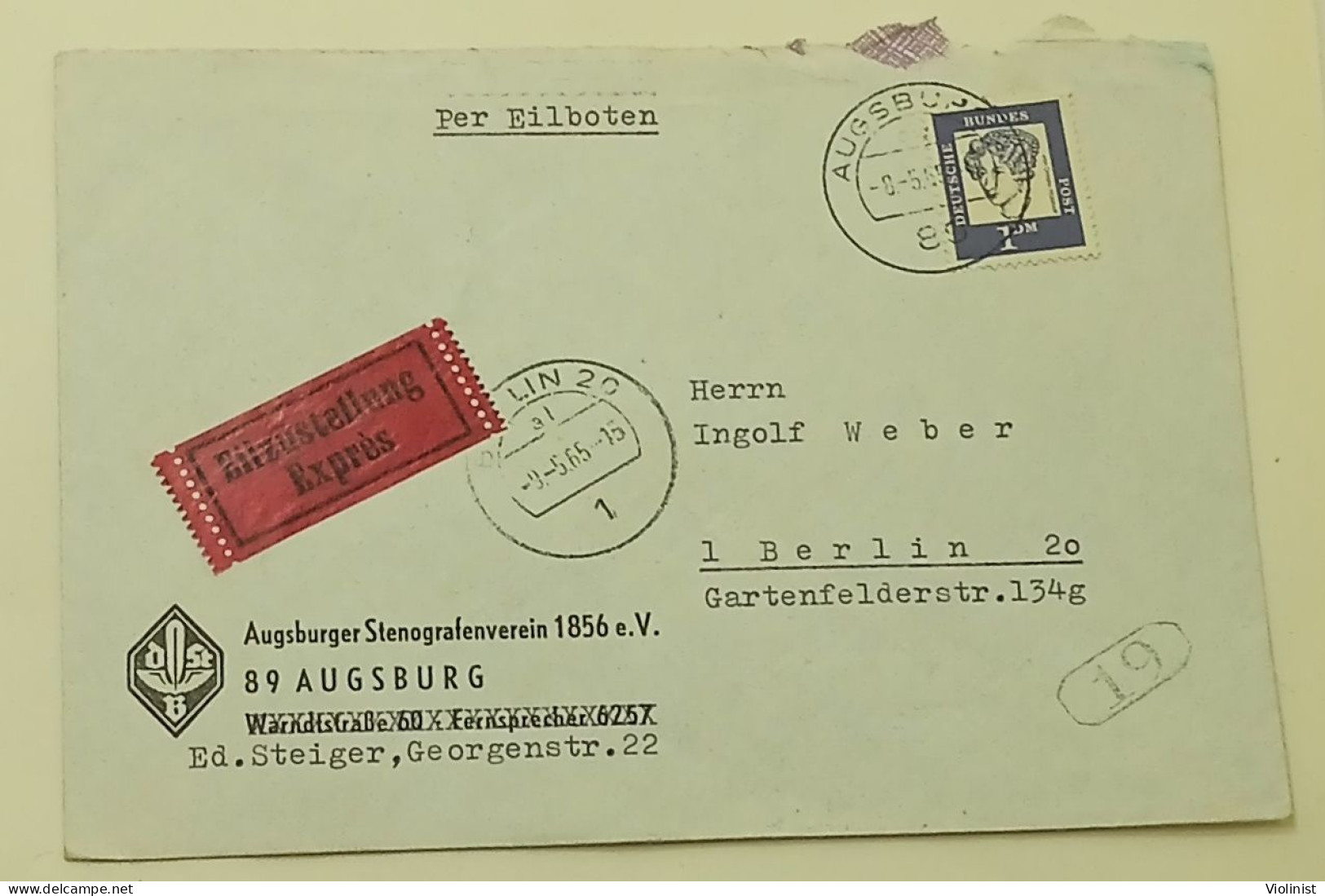 Deutsche Bundes Post-Expres-Augsburger Stenografenverein-postmark AUGSBURG 1965. - Sobres Privados - Usados