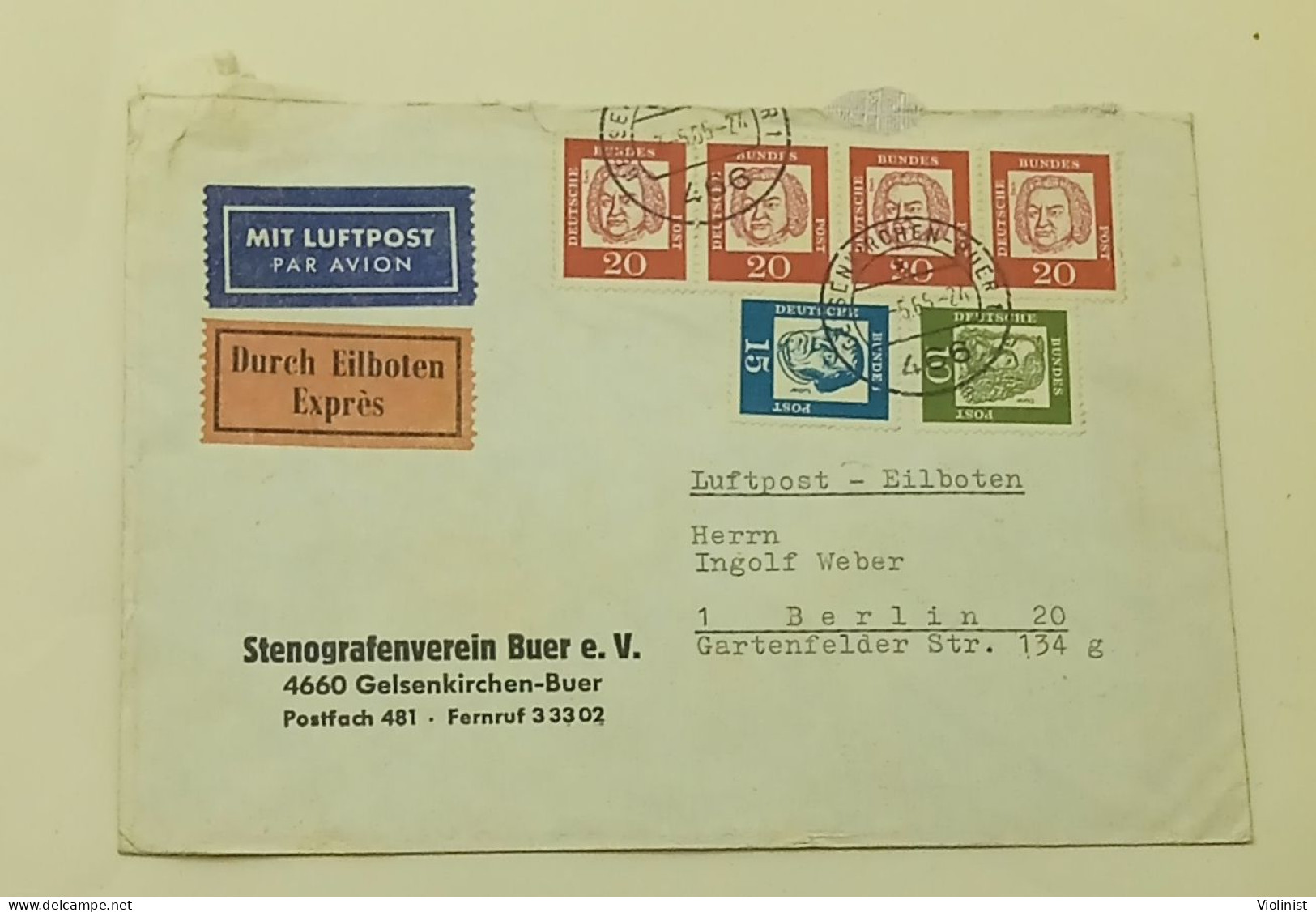 Deutsche Bundes Post-Mit Luftpost-Expres-Stenografenverein Buer-Gelsenkirchen-Buer-1965. - Buste Private - Usati