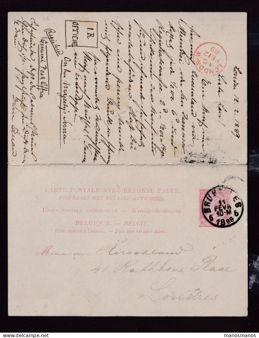 DDGG 295 - Entier Type TP 46 DOUBLE Avec REPONSE PAYEE - BRUXELLES 1889 à LONDRES Et Retour Duplex LONDON W 6 - Antwoord-betaald Briefkaarten