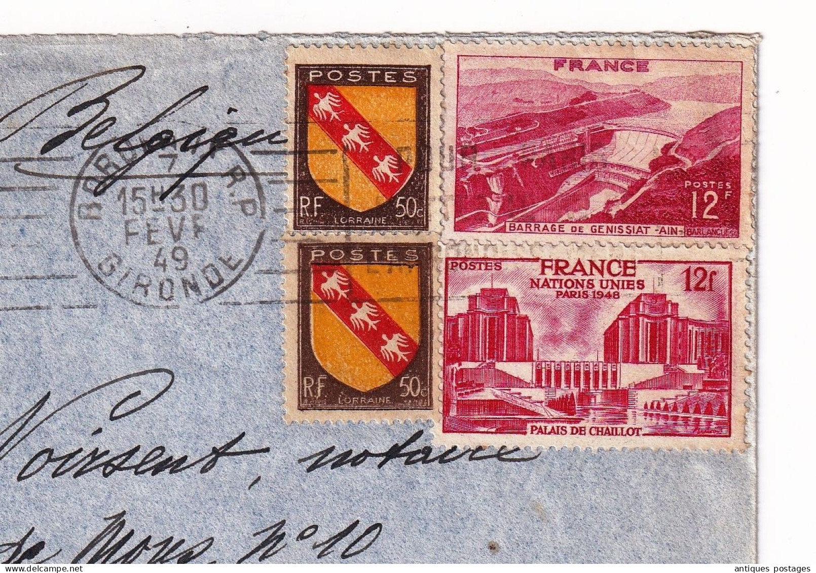 Lettre Bordeaux Gironde 1948 Barrage De Ginessat Ain Nations Unies Palais De Chaillot - Briefe U. Dokumente