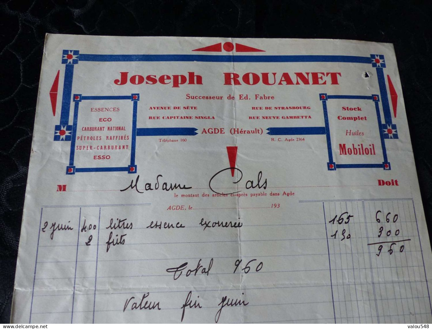 F-489 , Facture, JOSEPH ROUANET , Essences, Carburant, Huiles MOBIOIL , Avenue De Sète, AGDE, 1930 - Automobilismo