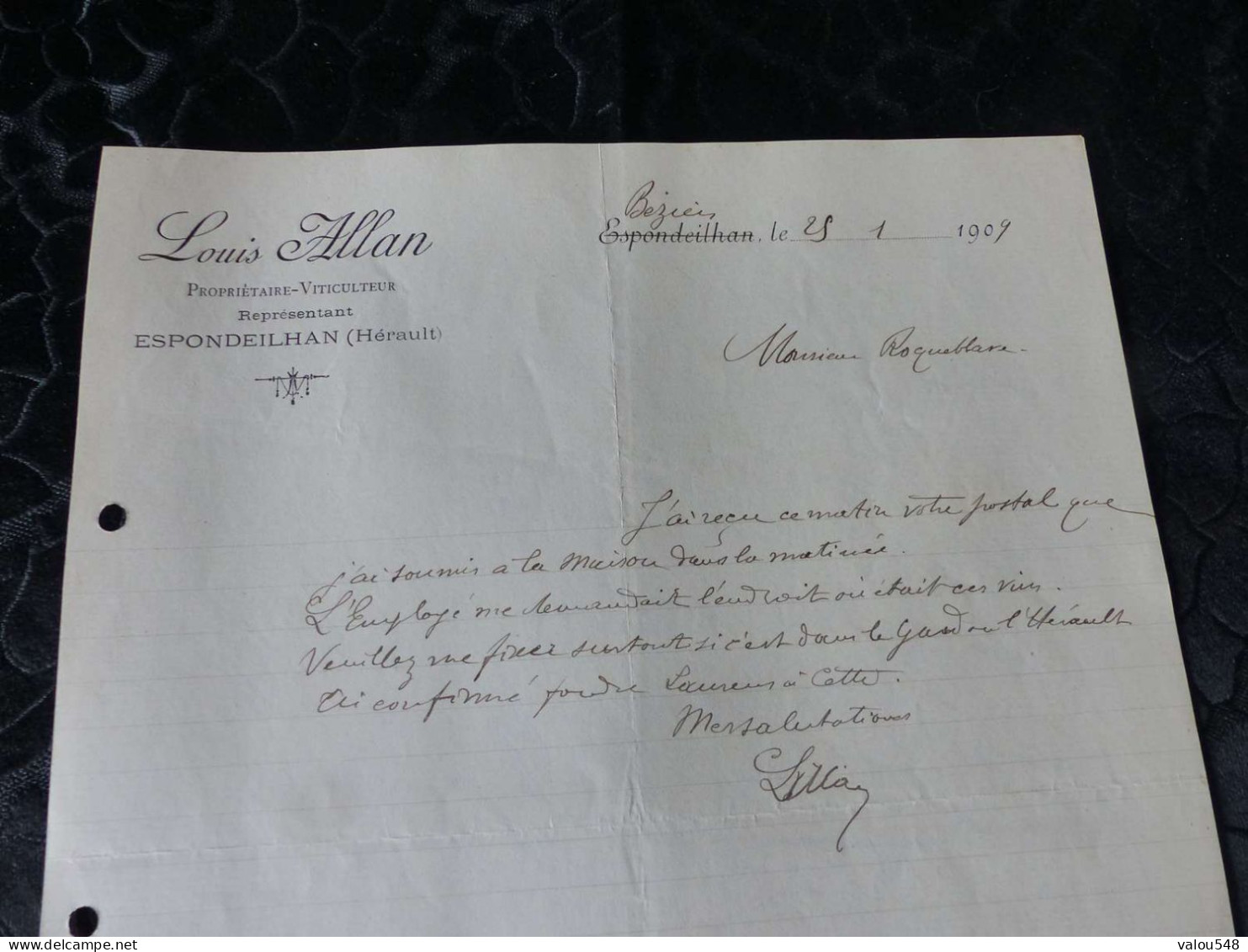 F-493 , Document , LOUIS ALLAN , Propriétaire Viticulteur , ESPONDEILHAN, Hérault , 1909 - Agricoltura