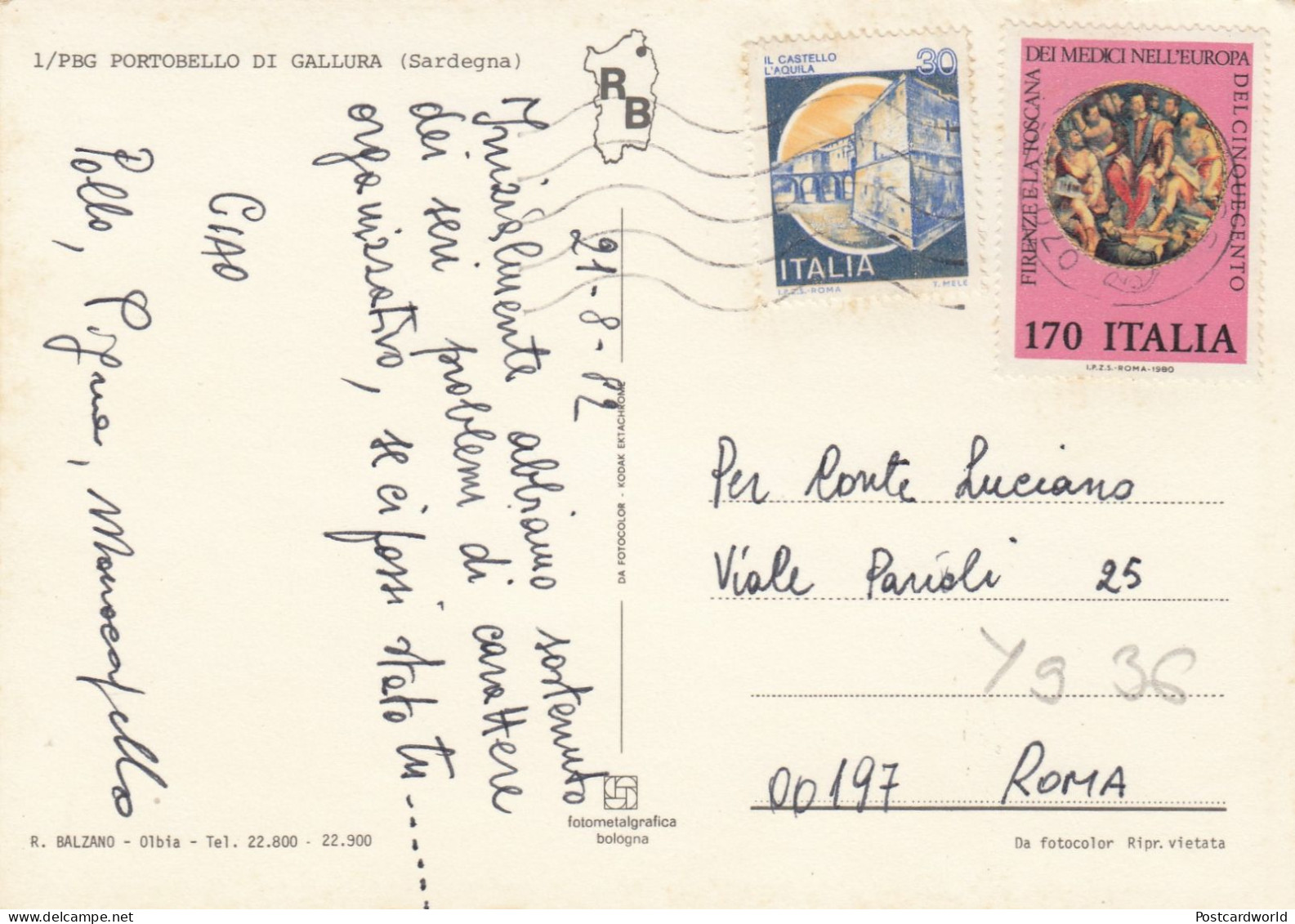 CARTOLINA  PORTOBELLO DI GALLURA SASSARI SARDEGNA VIAGGIATA 1982  Y9 - Sassari