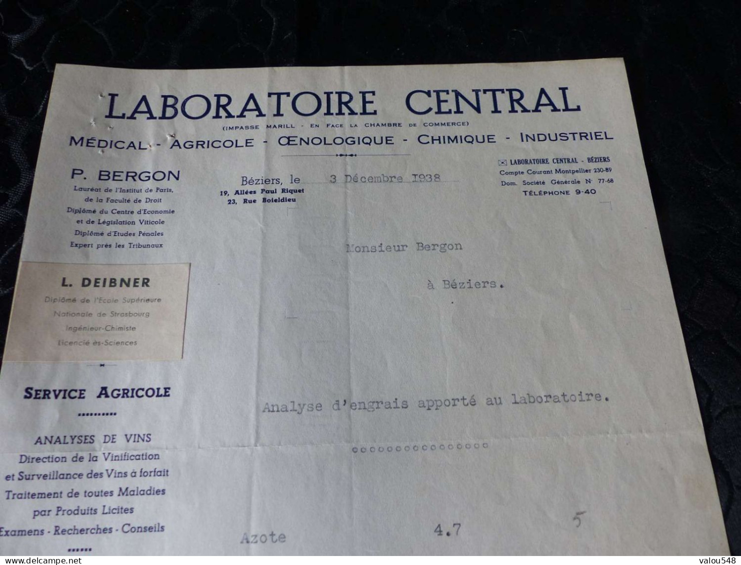 F-502 , Document, Analyse D'engrais , LABORATOIRE CENTRAL, Agricole, Oenologie , Béziers, 1938 - Agriculture