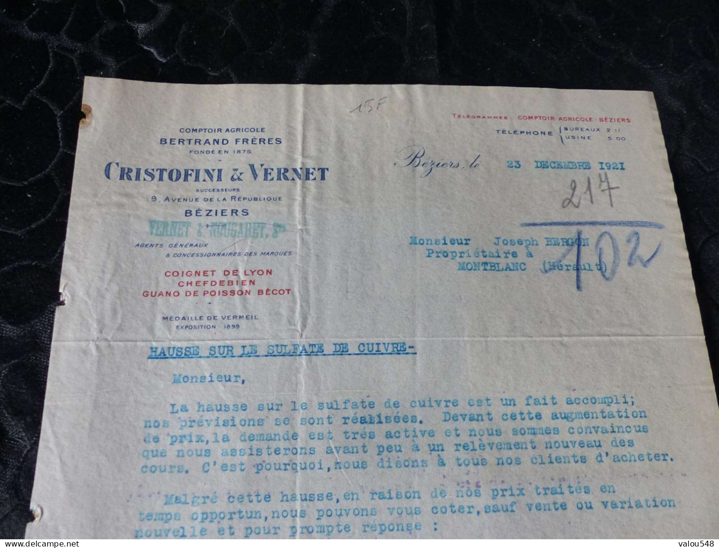 F-509 , Document, Comptoir Agricole Bertrand Frères, CRISTOFINI & VERNET , Béziers, 1921 - Landwirtschaft