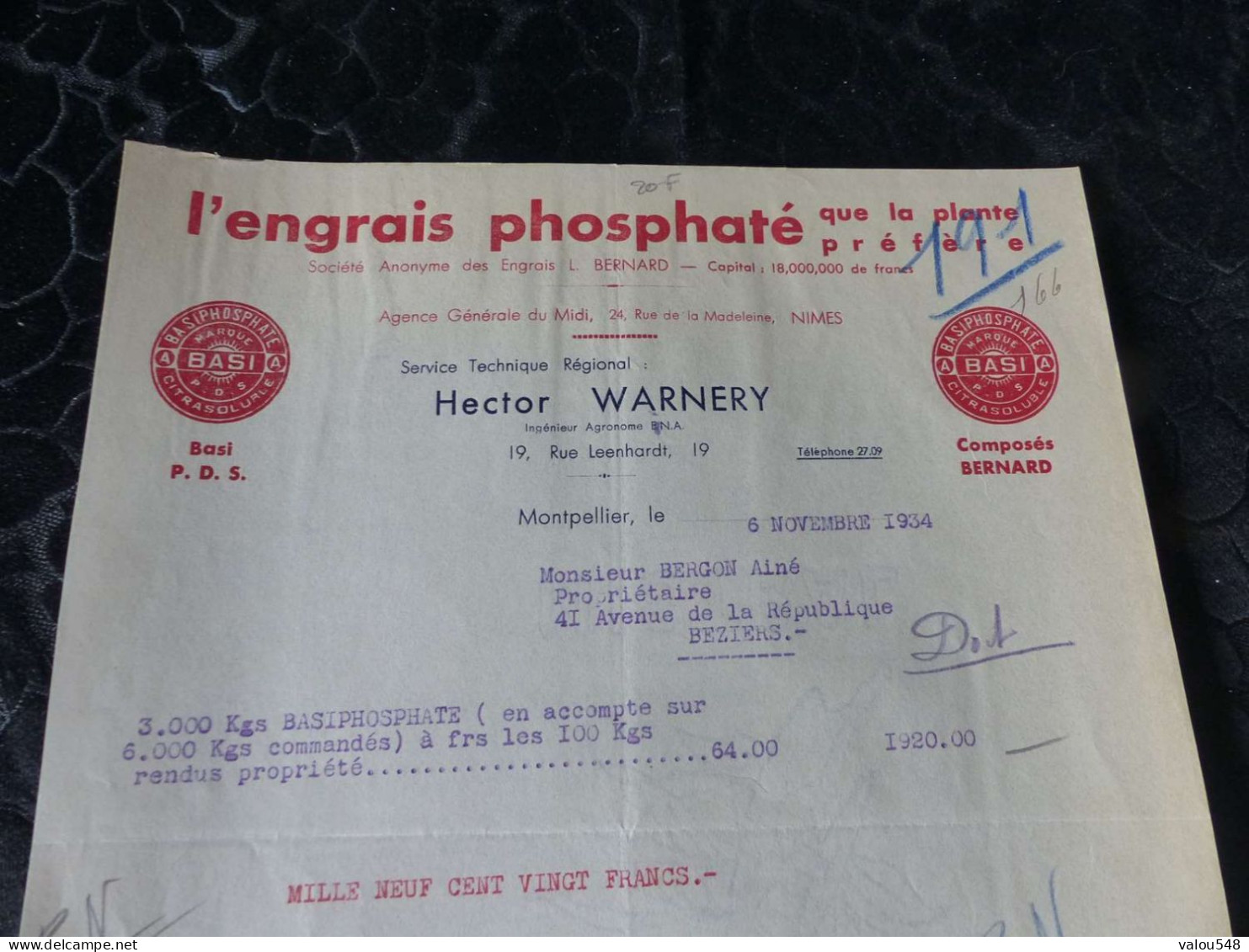 F-513 , Document, L'Engrais Phosphaté, Basiphosphate , HECTOR WARNERY , Montpellier, 1934 - Agricoltura