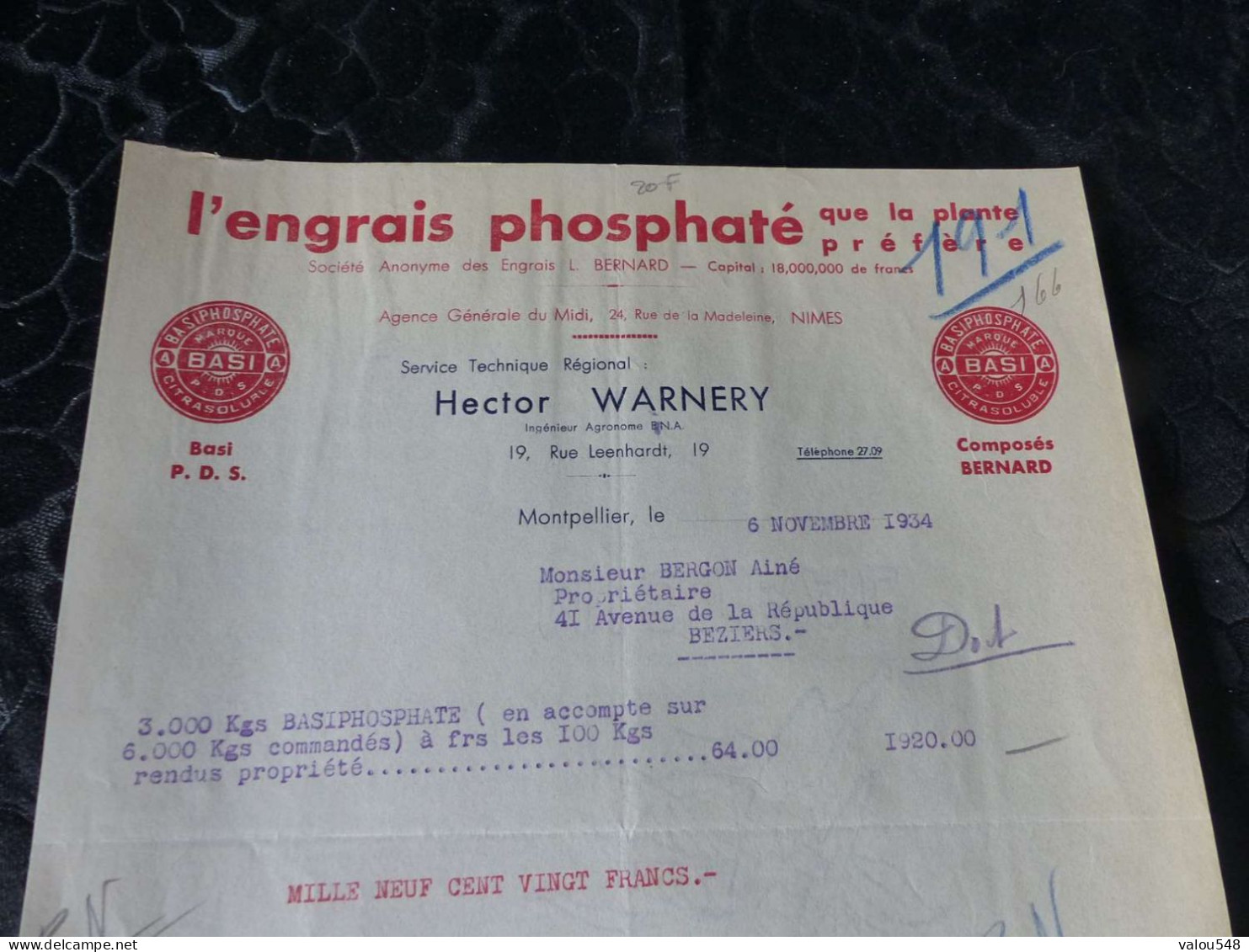 F-513 , Document, L'Engrais Phosphaté, Basiphosphate , HECTOR WARNERY , Montpellier, 1934 - Landwirtschaft