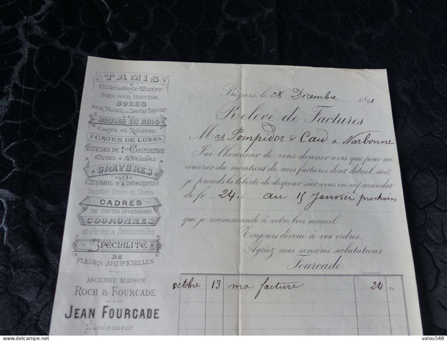 F-519  , Facture , Maison JEAN FOURCADE , Tamis, Soies, Boules En Buis, Cages De Luxe, Béziers, 1891 - Drogerie & Parfümerie