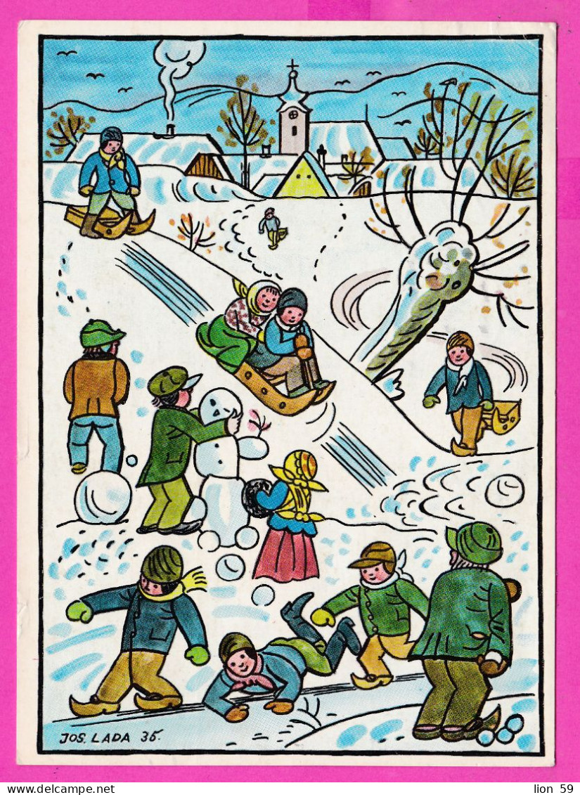 294698 / Czechoslovakia Hrusice, Bohemia Illustrator Art Josef Lada ( J. LADY ) Winter PC 1974 USED Praha 30h Federal Co - Covers & Documents