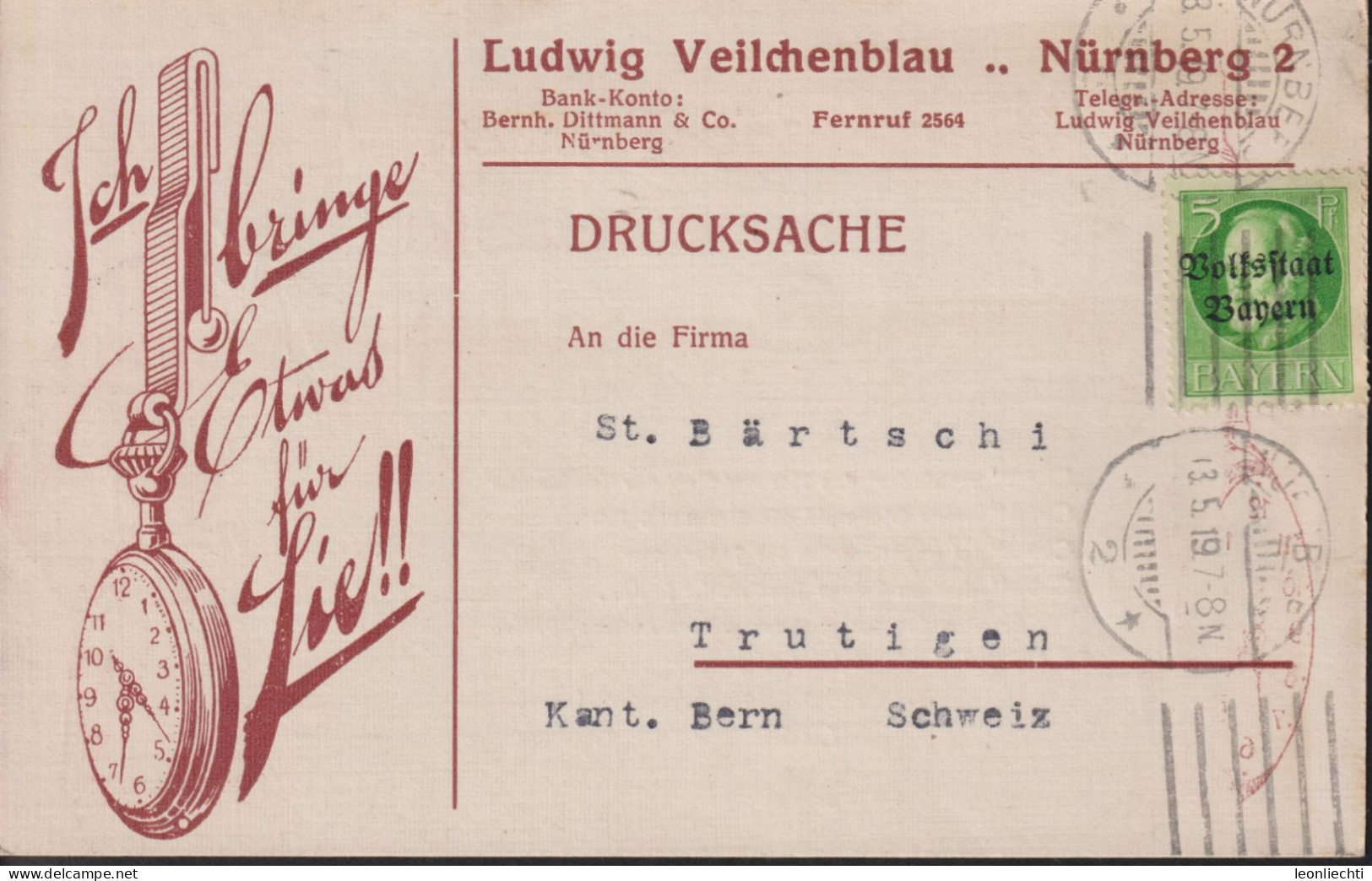 1919 Drucksache V. Ludwig Veilchenblau Nürnberg 2, Uhrenhalter Clou, Nach Frutigen CH, Mi:117, Mit Aufdruck Volksstaat - Brieven En Documenten