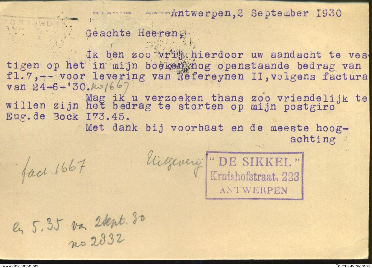 Postkaart : Van Antwerpen Naar Utrecht, Nederland -- "De Sikkel" Antwerpen - Cartes Postales 1909-1934