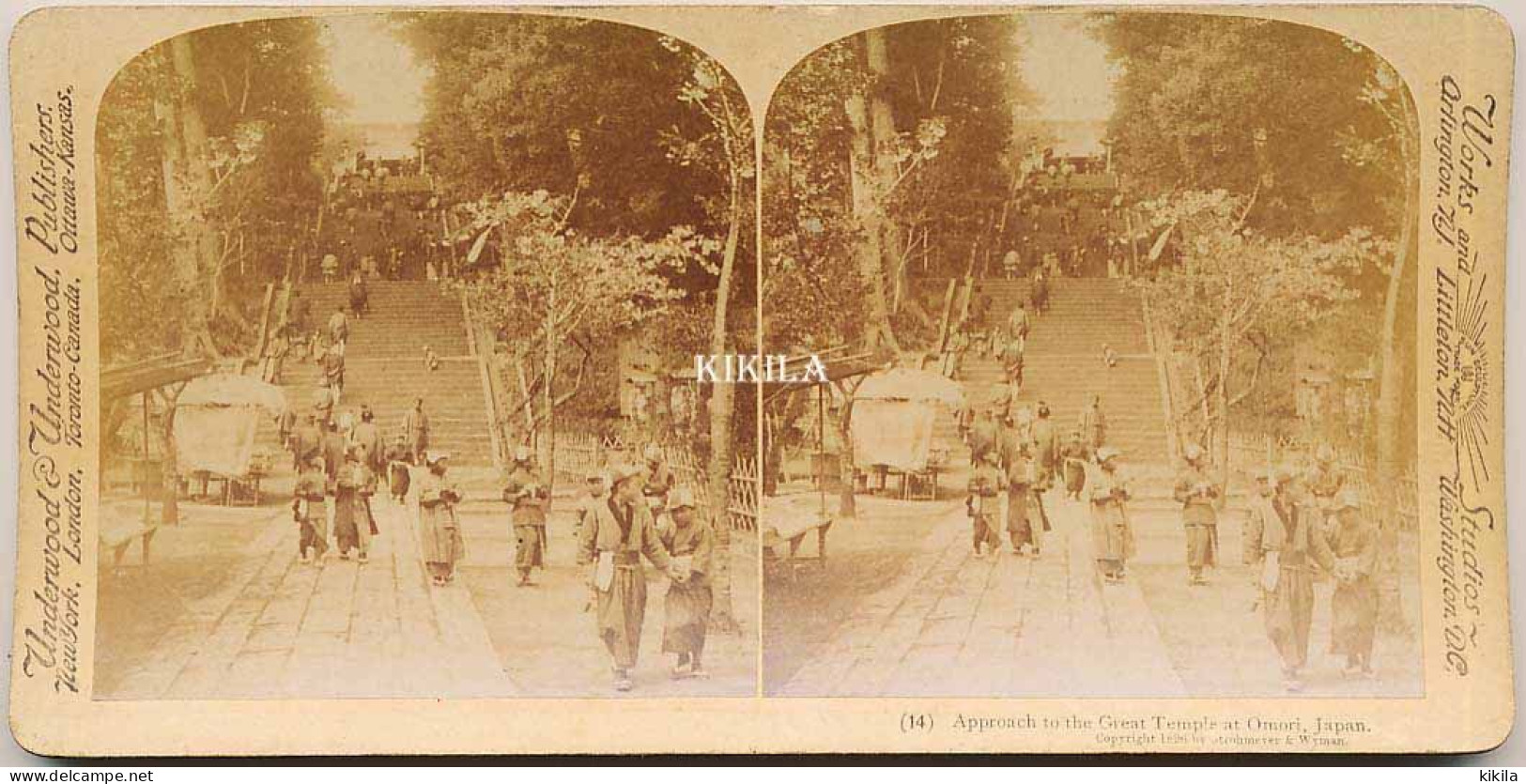 Photo Stéréoscopique (14) 7,7x8 Cm Carton Fort 17,7x8,8 Cm Près Du Grand Temple D'Omori, Japon   Approach To The Great * - Stereoscopio