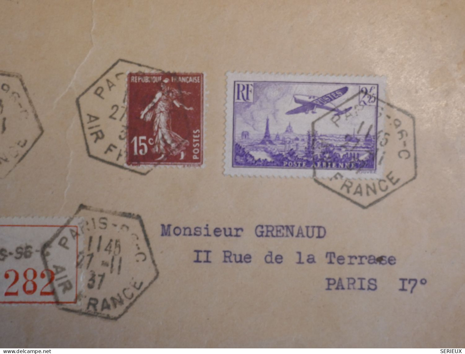 DR10 FRANCE   LETTRE  RECO  1937 PARIS +AFF. HEXAGONAL AIR FRANCE .INTERESSANT+ + - 1927-1959 Covers & Documents